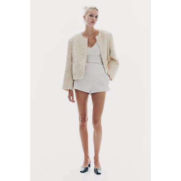 NWT H&M cream beige textured weave glitter thread short jacket, L - Picture 2 of 8